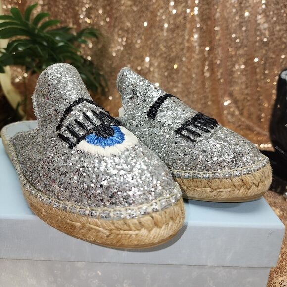 NIB CHIARA FERRAGNI Glitter Espadrille Mules In Silver - Picture 11 of 13